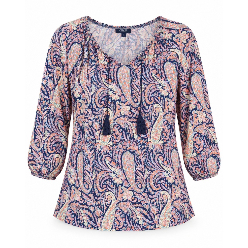 Chaps Women 3X Paisley Tassel Peasant Top Navy Pink Cotton 3/4 Sleeve Blouse